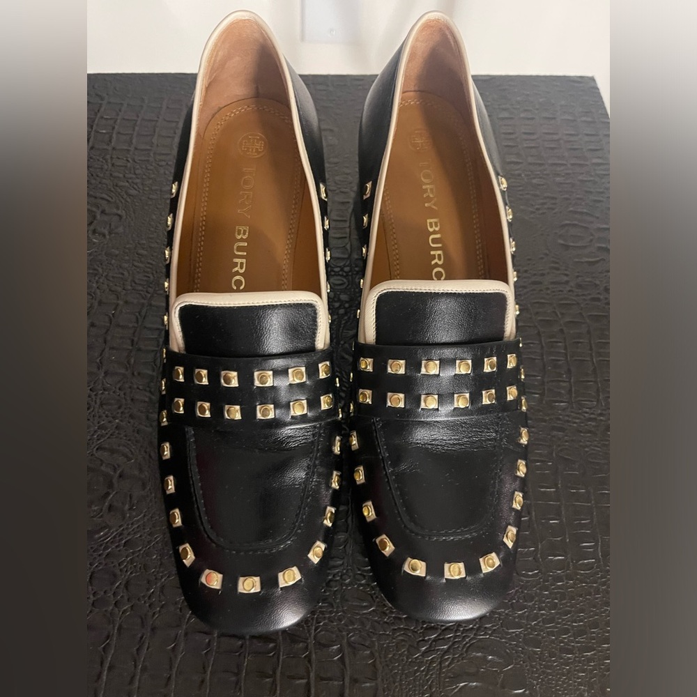 Tory Burch Black, Cream & Gold Studded Loafersl - Picture 2 of 9